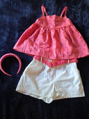 Kids Sigrid Olsen Pink Embroidered Tank, White Shorts w/Belt & Matching Headband